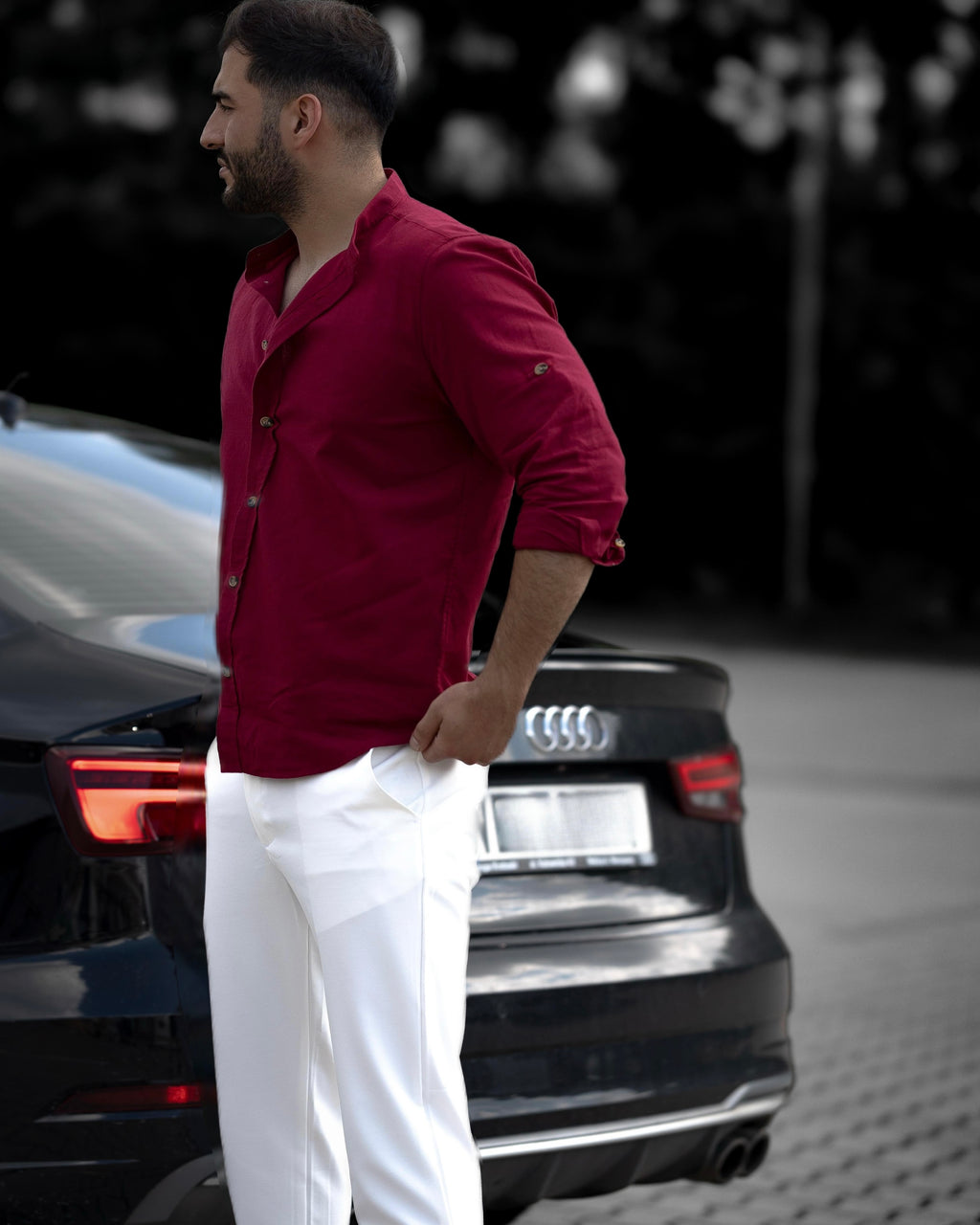 Koszula Męska Lniana Bordowa Slim Fit Ze Stójką – Letnia, Przewiewna M–2XL