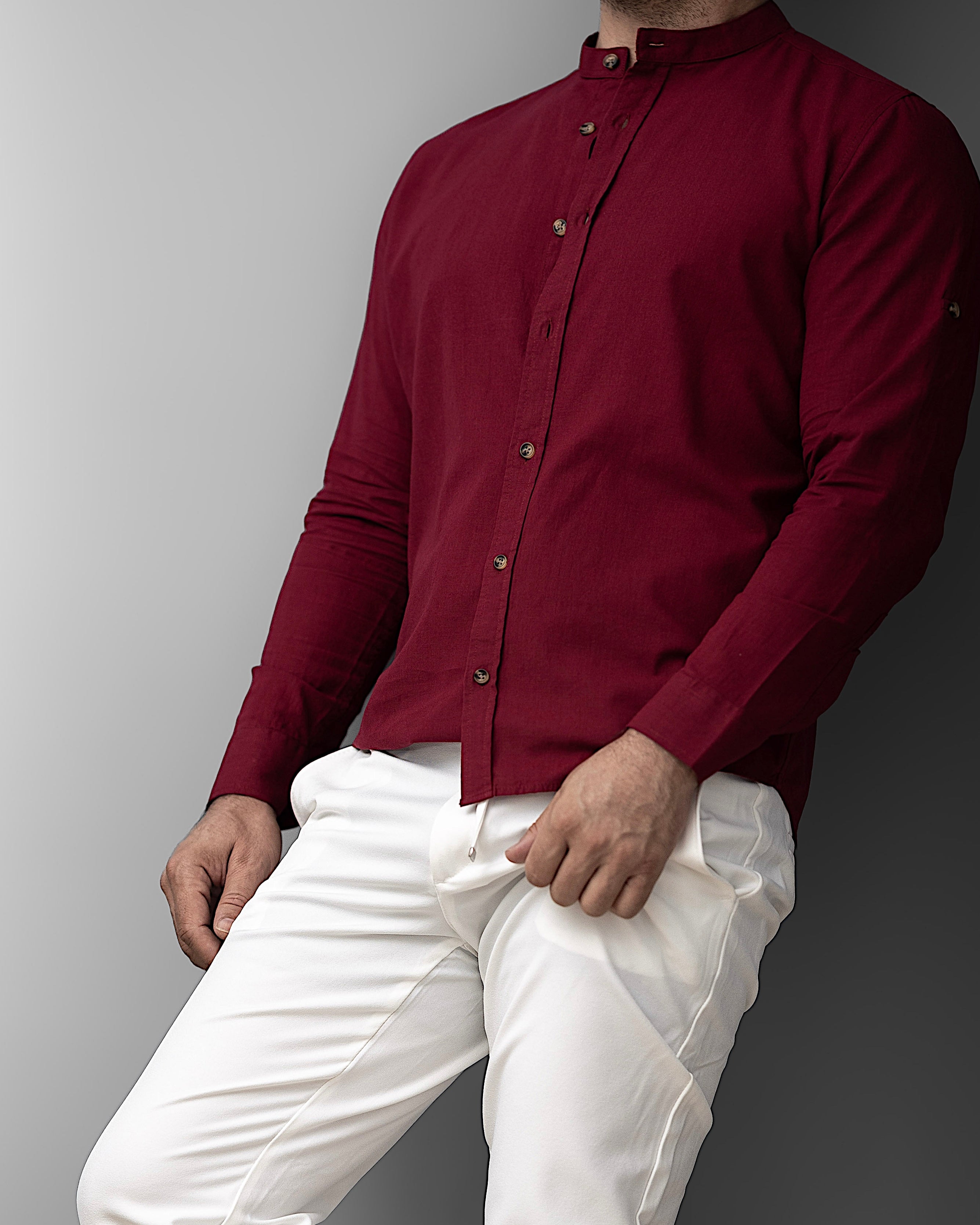 Bordowa męska koszula lniana ze stójką – M-2XL