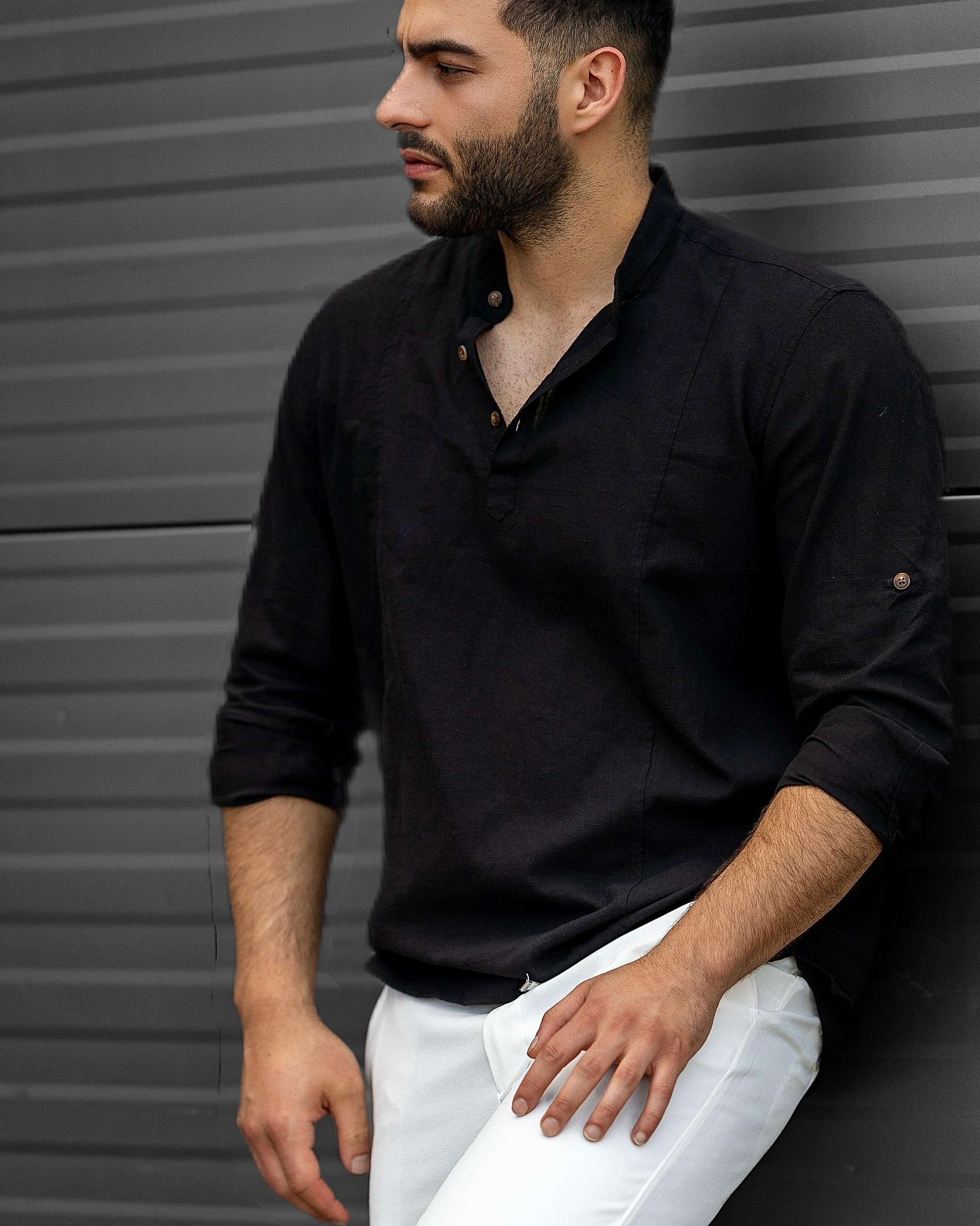 Koszula Męska Lniana Czarna Slim Fit Ze Stójką – Letnia, Przewiewna M–2XL