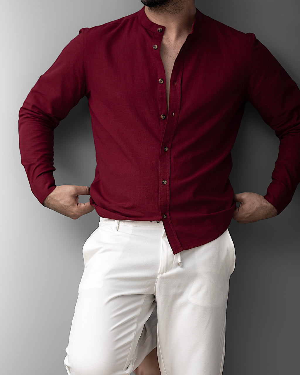 Bordowa męska koszula lniana ze stójką – M-2XL