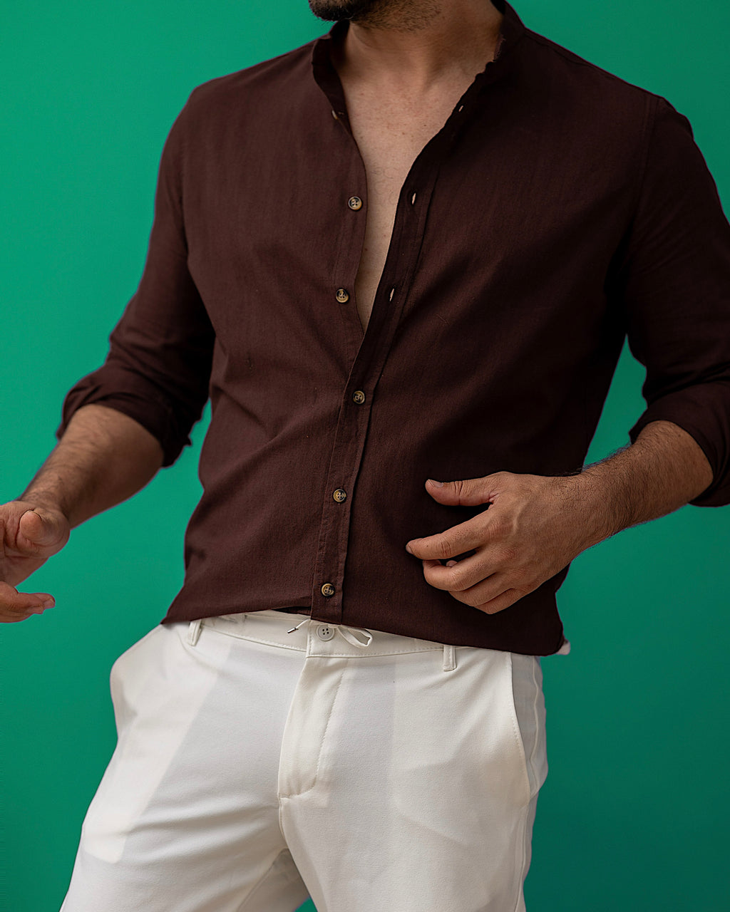 Brązowa męska koszula lniana ze stójką – M-2XL