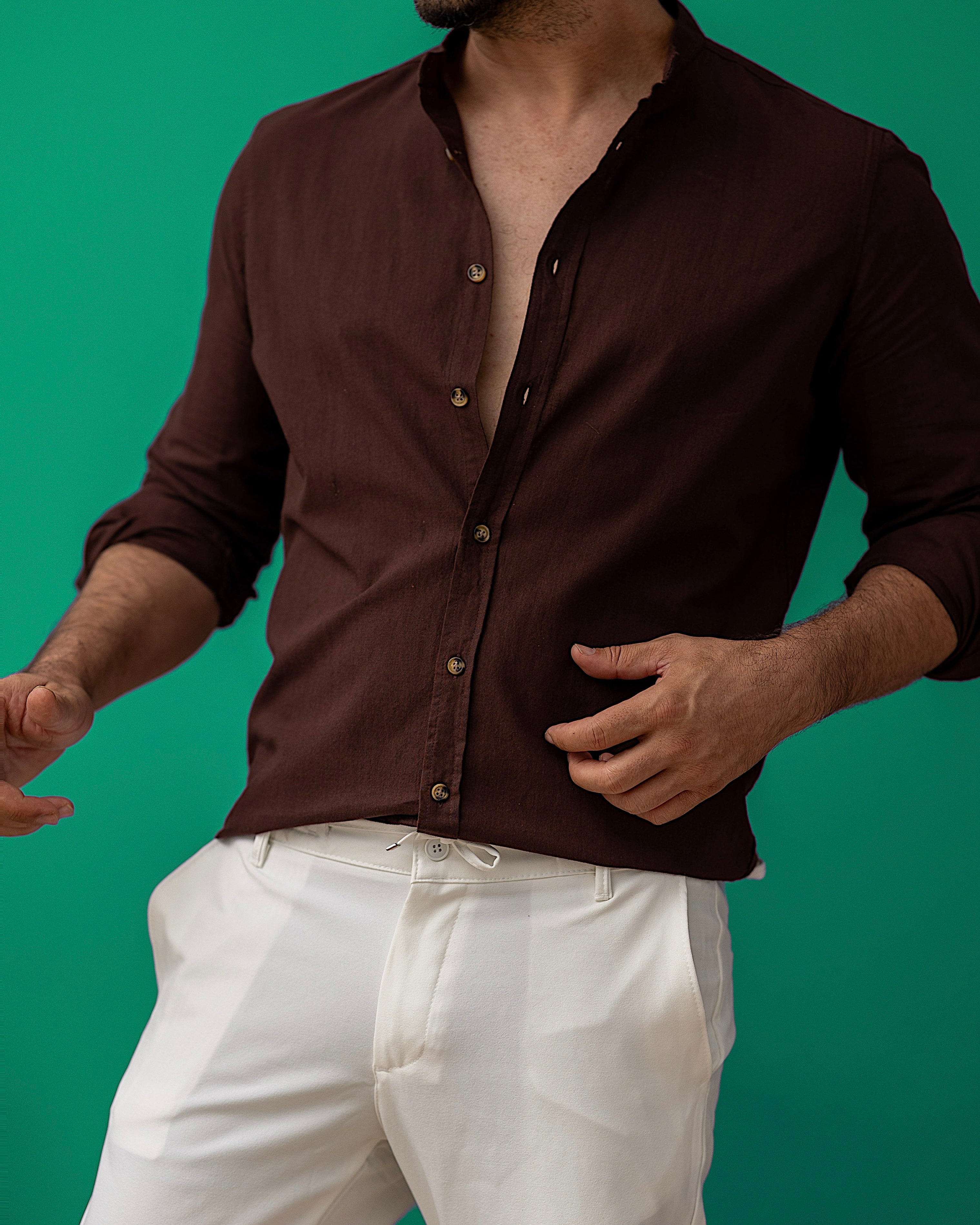 Brązowa męska koszula lniana ze stójką – M-2XL