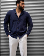 Koszula Męska Lniana Granatowa Slim Fit – Klasyczny Kołnierzyk, Letnia M–2XL