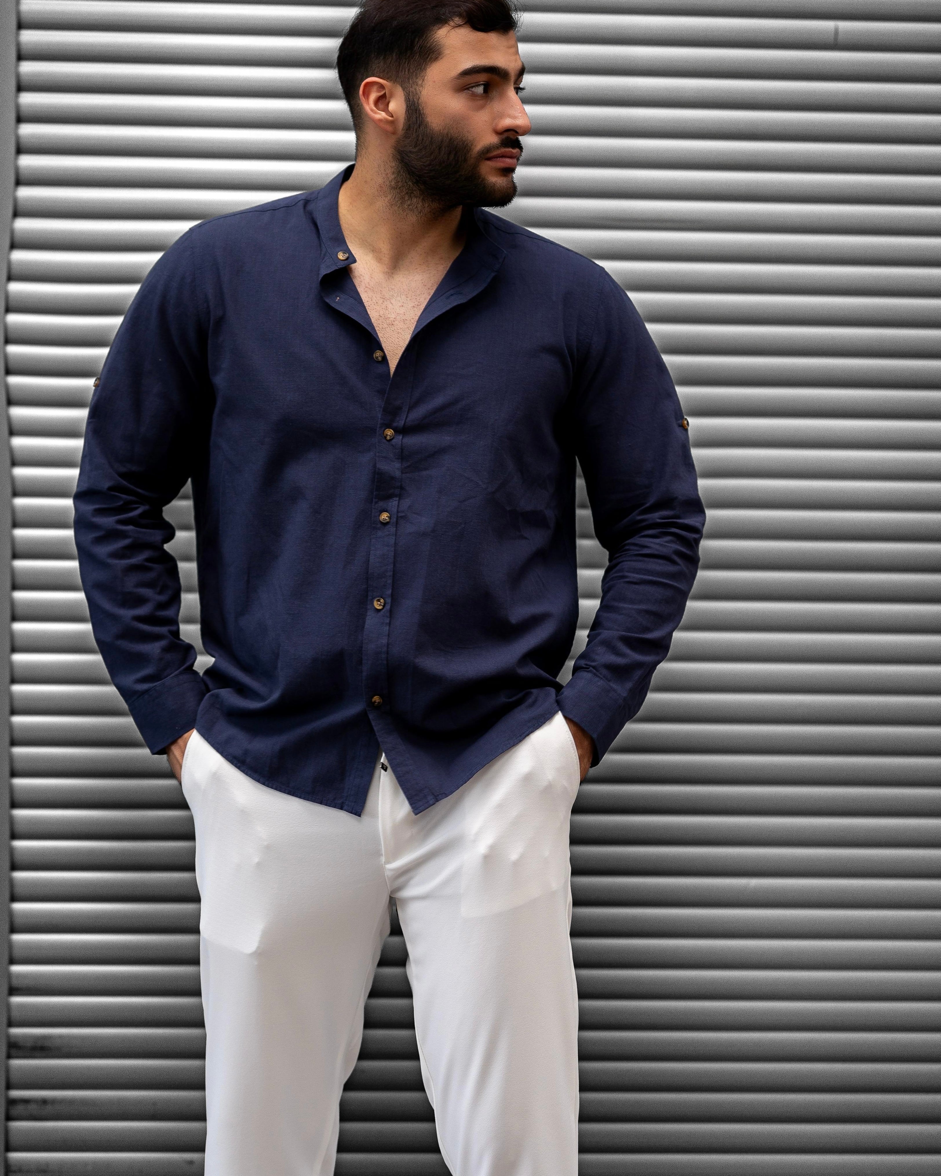 Koszula Męska Lniana Granatowa Slim Fit – Klasyczny Kołnierzyk, Letnia M–2XL