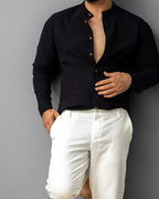 Czarna męska koszula lniana ze stójką – M-2XL