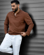 Koszula Męska Lniana Brązowa Slim Fit Ze Stójką – Letnia, Przewiewna M–2XL