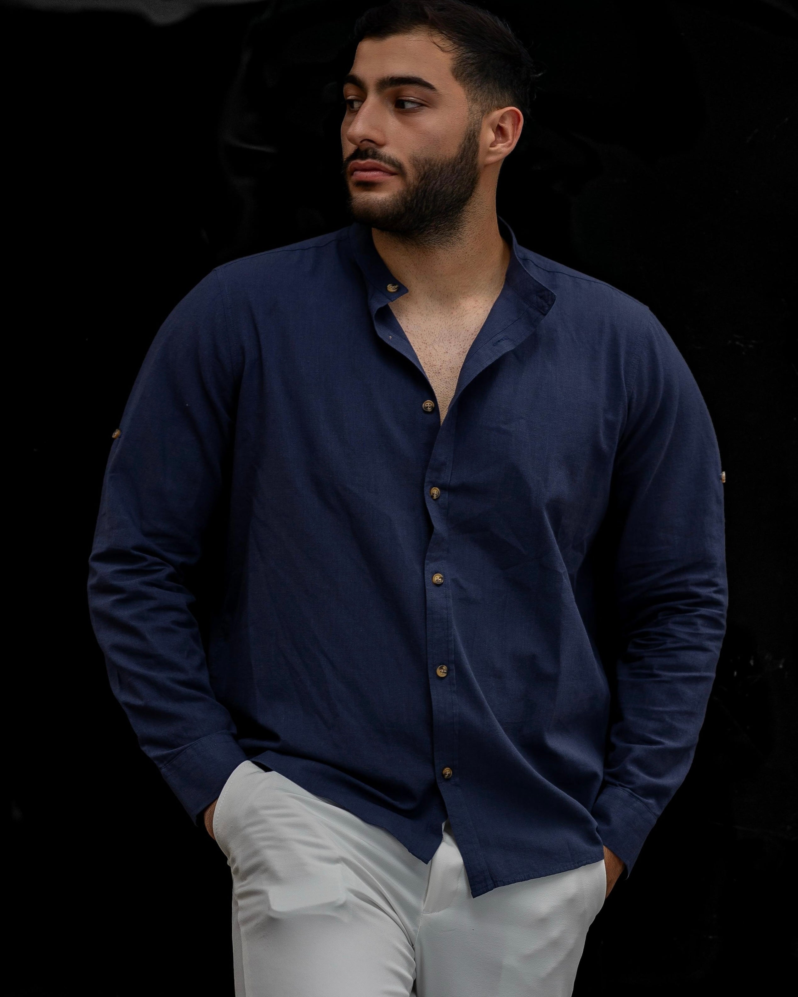 Koszula Męska Lniana Granatowa Slim Fit – Klasyczny Kołnierzyk, Letnia M–2XL