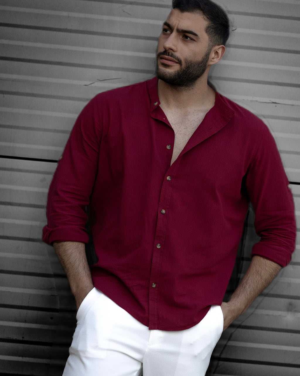 Koszula Męska Lniana Bordowa Slim Fit Ze Stójką – Letnia, Przewiewna M–2XL