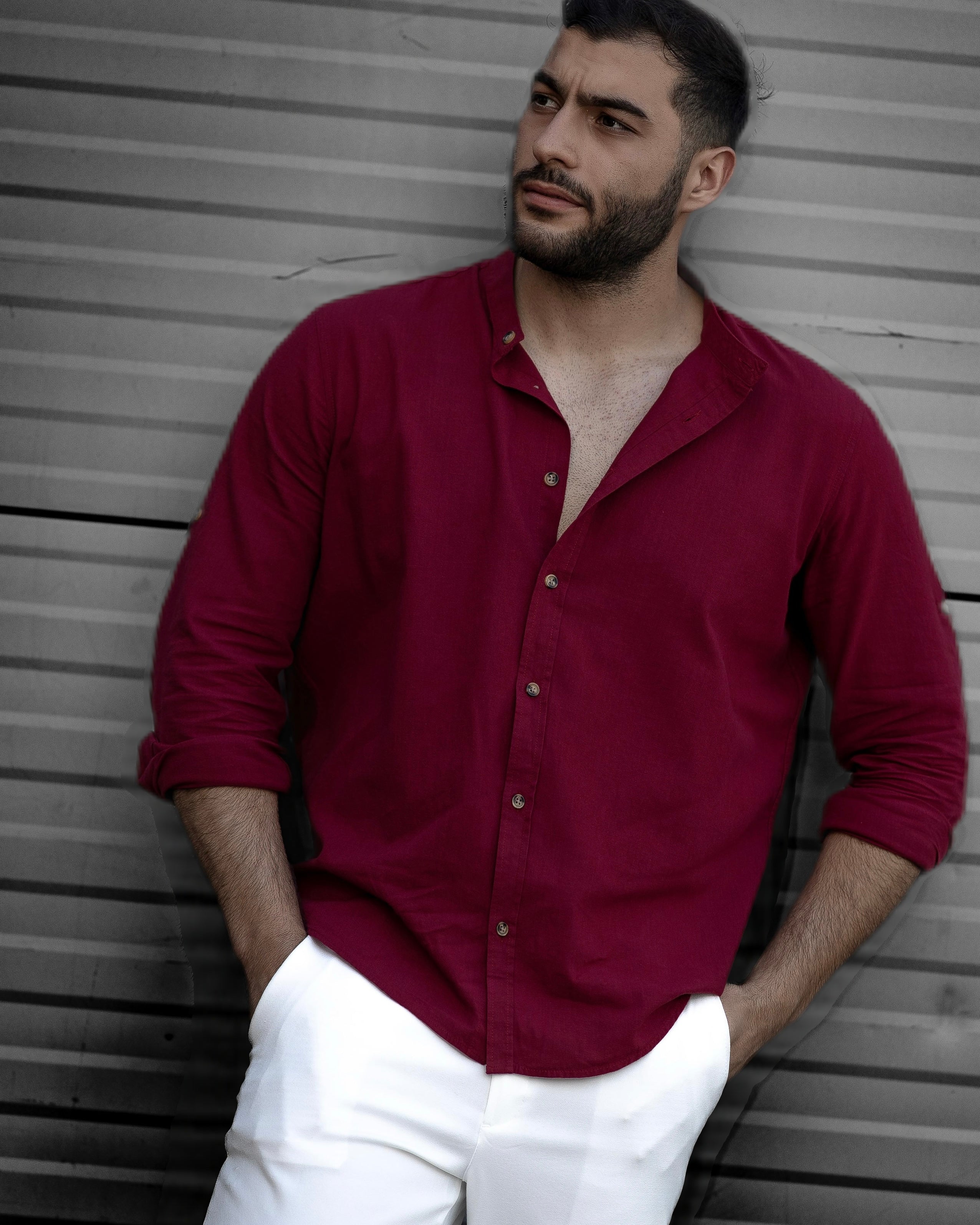Koszula Męska Lniana Bordowa Slim Fit Ze Stójką – Letnia, Przewiewna M–2XL