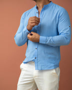 Koszula Męska Lniana Błękitna Slim Fit – Klasyczny Kołnierzyk, Letnia M–2XL