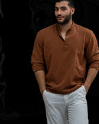 Koszula Męska Lniana Brązowa Slim Fit Ze Stójką – Letnia, Przewiewna M–2XL