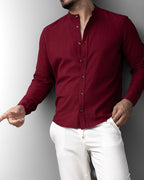 Bordowa męska koszula lniana ze stójką – M-2XL