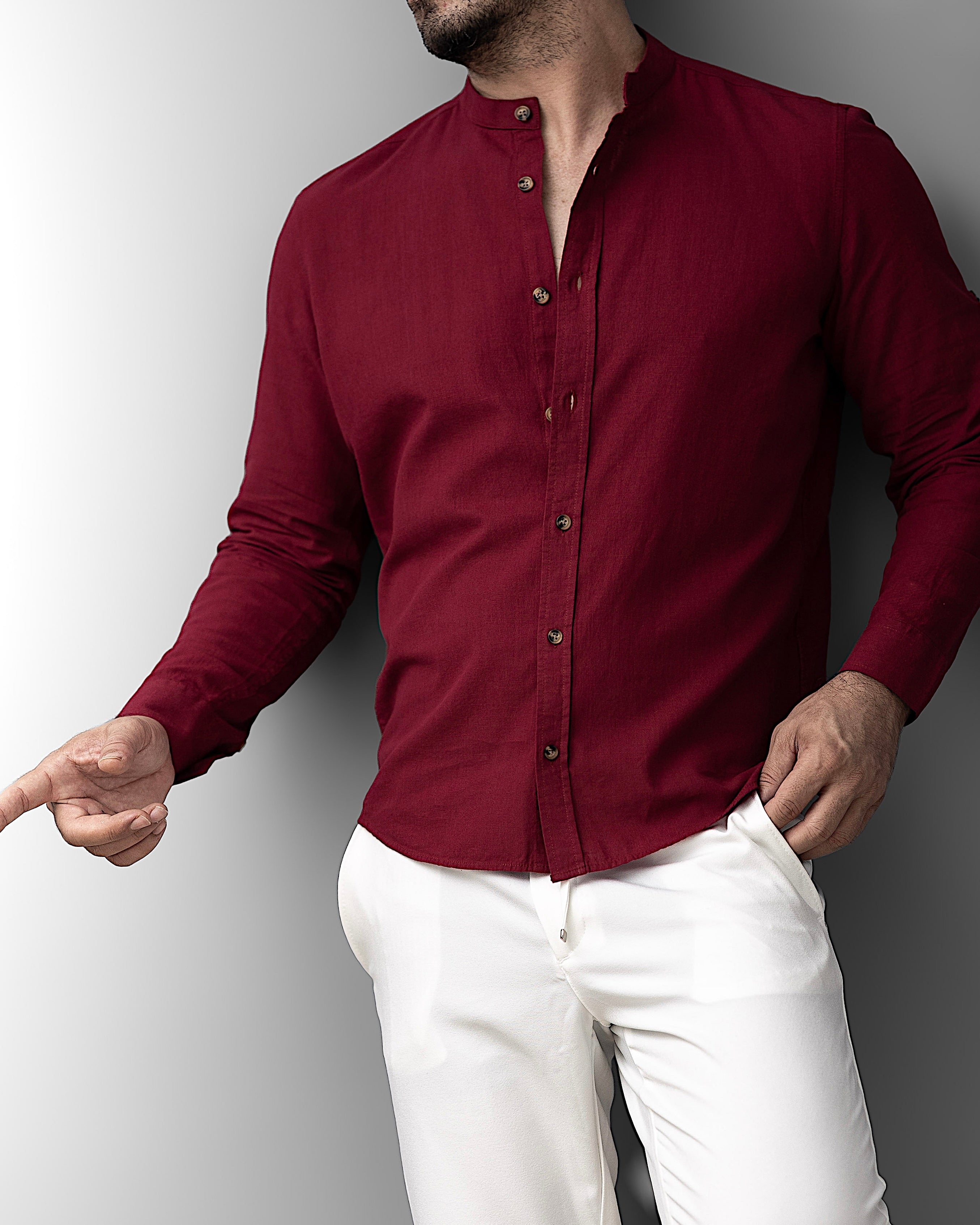 Bordowa męska koszula lniana ze stójką – M-2XL