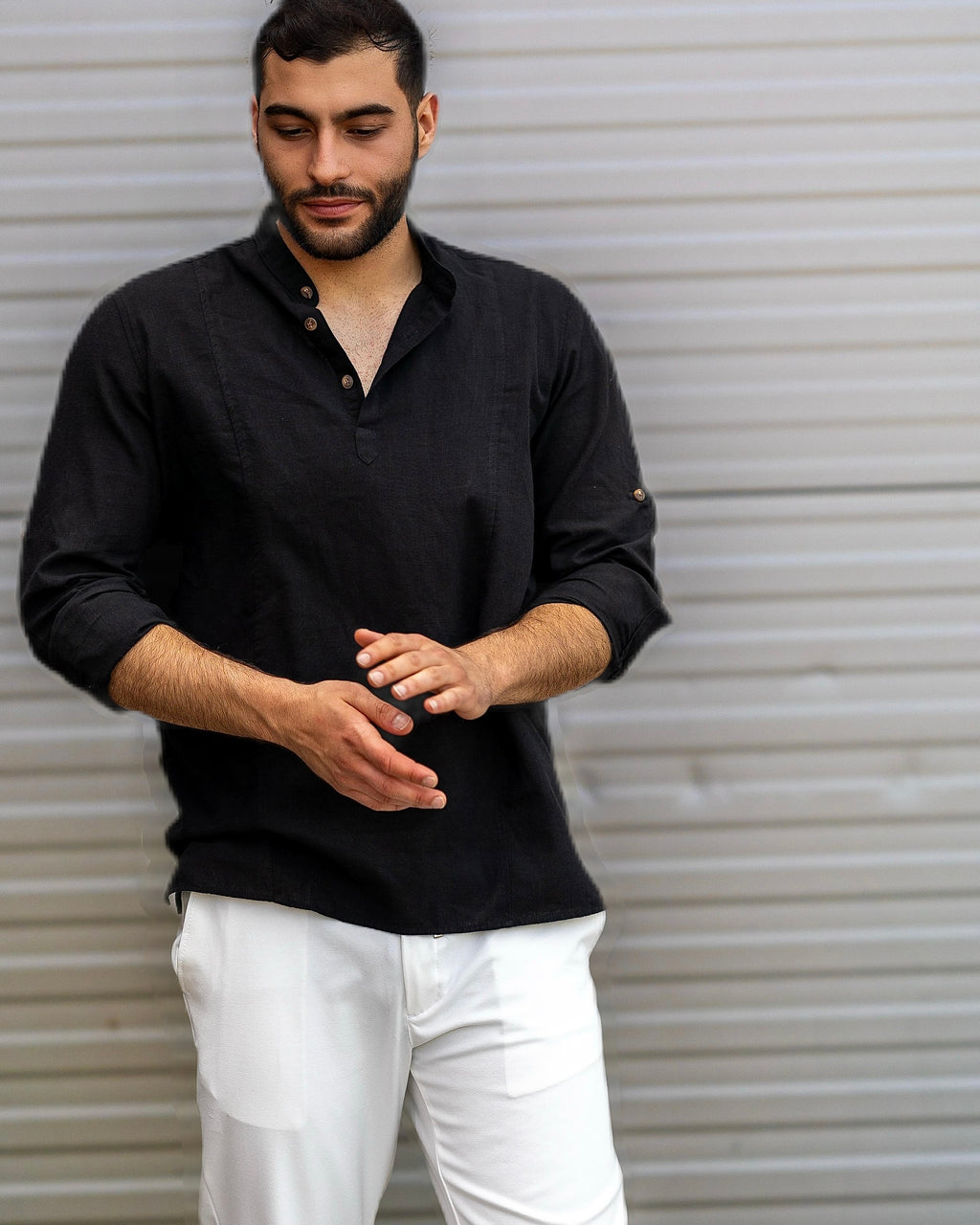 Koszula Męska Lniana Czarna Slim Fit Ze Stójką – Letnia, Przewiewna M–2XL