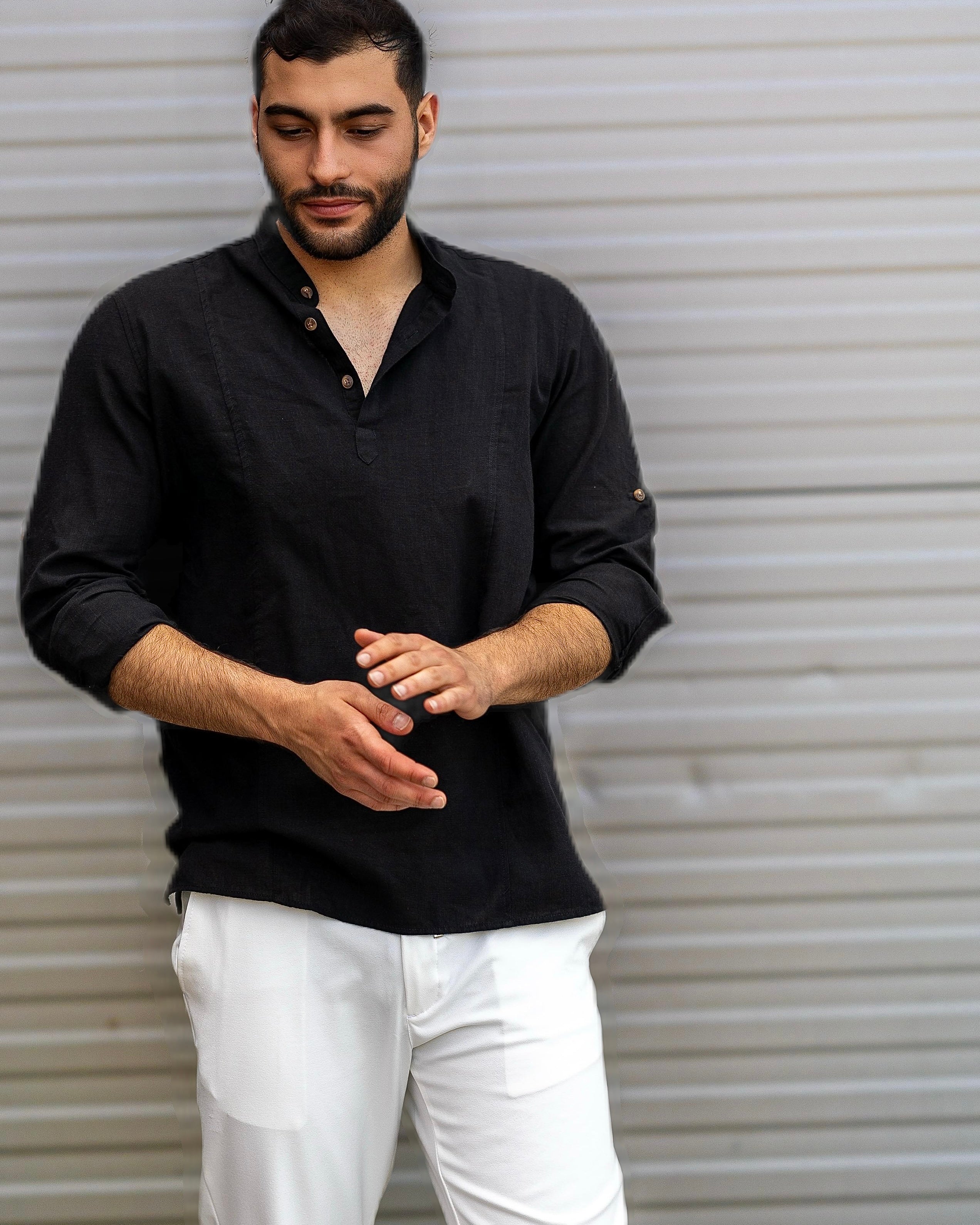 Koszula Męska Lniana Czarna Slim Fit Ze Stójką – Letnia, Przewiewna M–2XL