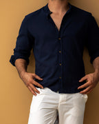 Męska koszula lniana granatowa Slim Fit – lekka, przewiewna, długi rękaw | M–2XL