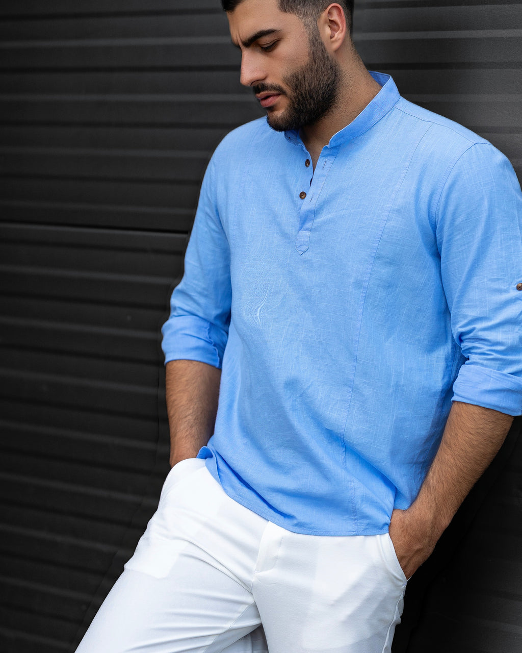 Koszula Męska Lniana Błękitna Slim Fit Ze Stójką – Przewiewna Letnia M–2XL