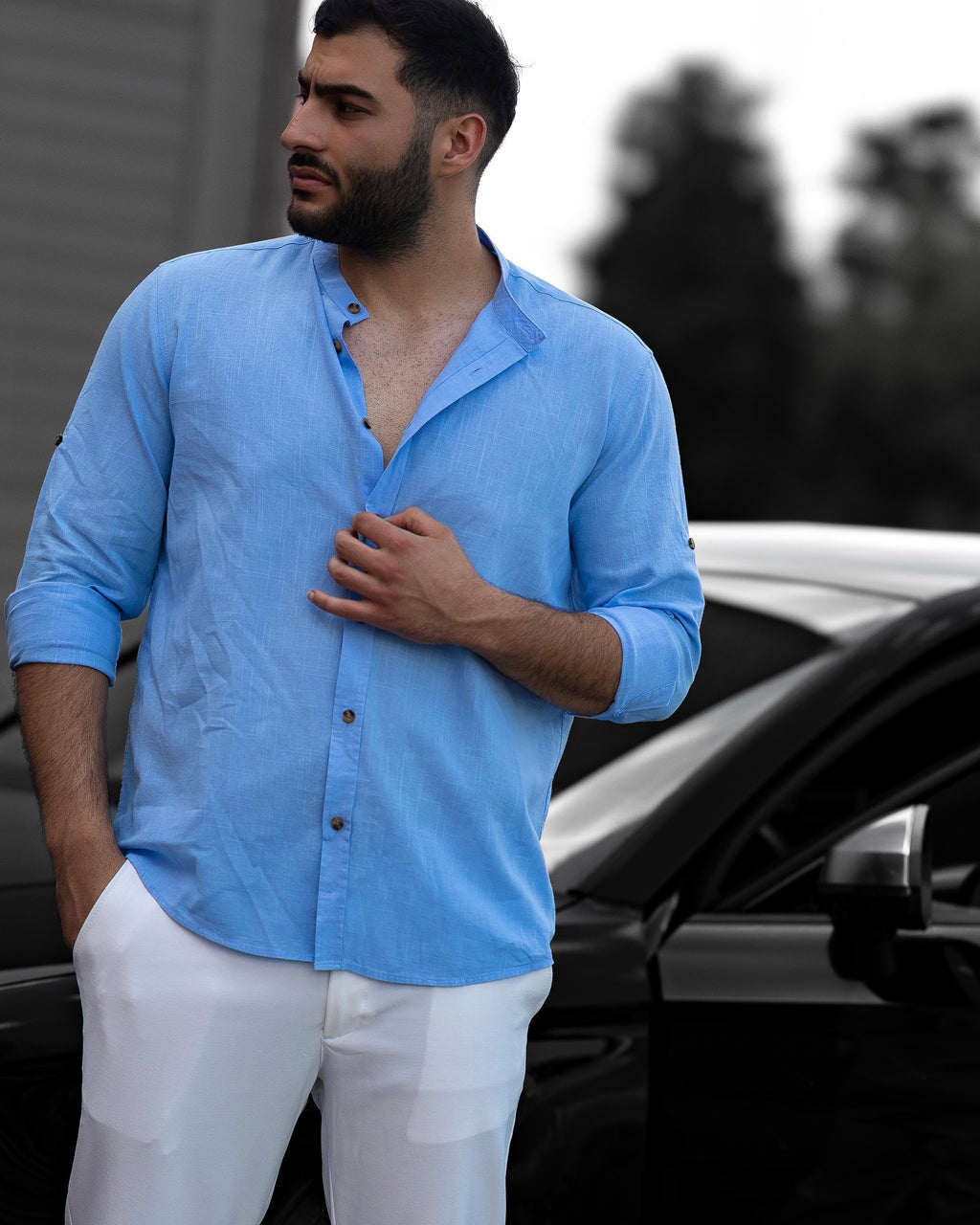 Koszula Męska Lniana Błękitna Slim Fit – Klasyczny Kołnierzyk, Letnia M–2XL
