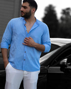 Koszula Męska Lniana Błękitna Slim Fit – Klasyczny Kołnierzyk, Letnia M–2XL