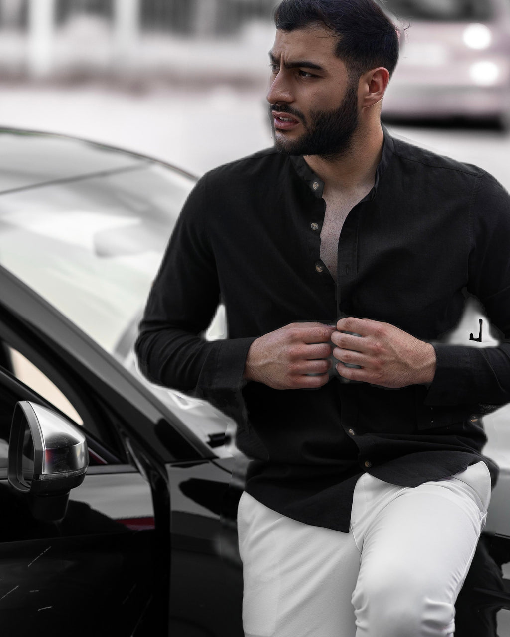 Koszula Męska Lniana Czarna Slim Fit Ze Stójką – Letnia, Przewiewna M–2XL