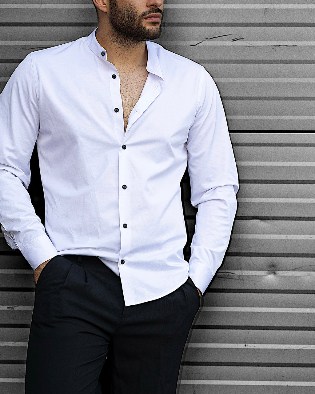 Koszula Męska Satynowa Slim Ze Stójką Biała Optyczna Guziki 95% Bawełna 5% Elastan S–3XL