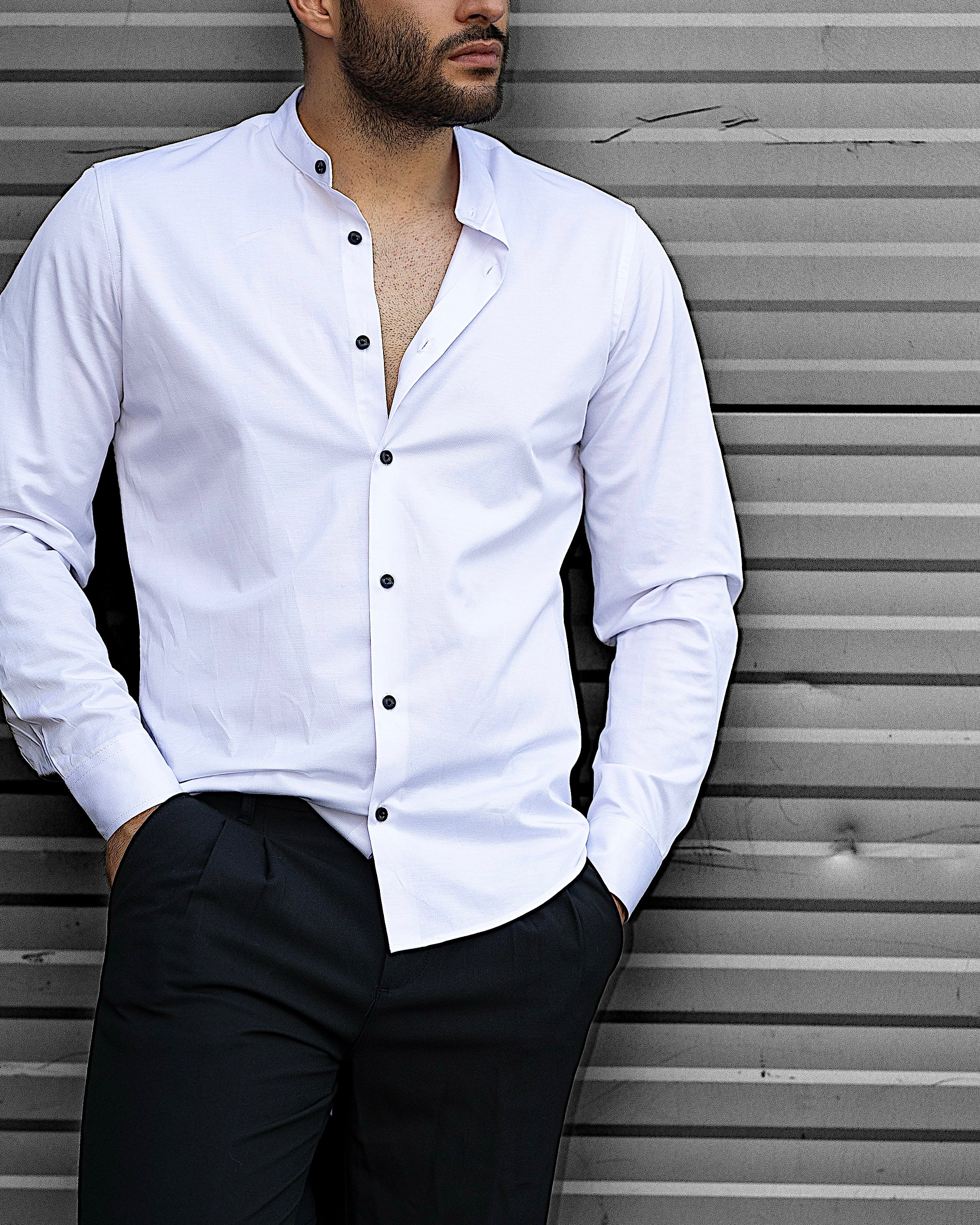 Koszula Męska Satynowa Slim Ze Stójką Biała Optyczna Guziki 95% Bawełna 5% Elastan S–3XL