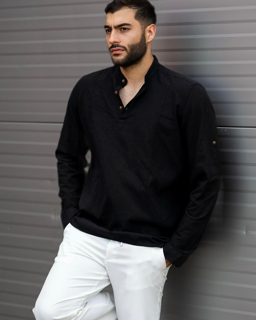 Koszula Męska Lniana Czarna Slim Fit Ze Stójką – Letnia, Przewiewna M–2XL