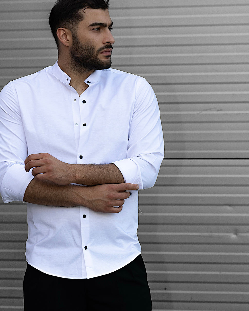 Koszula Męska Satynowa Slim Ze Stójką Biała Optyczna Napy 95% Bawełna 5% Elastan S–3XL