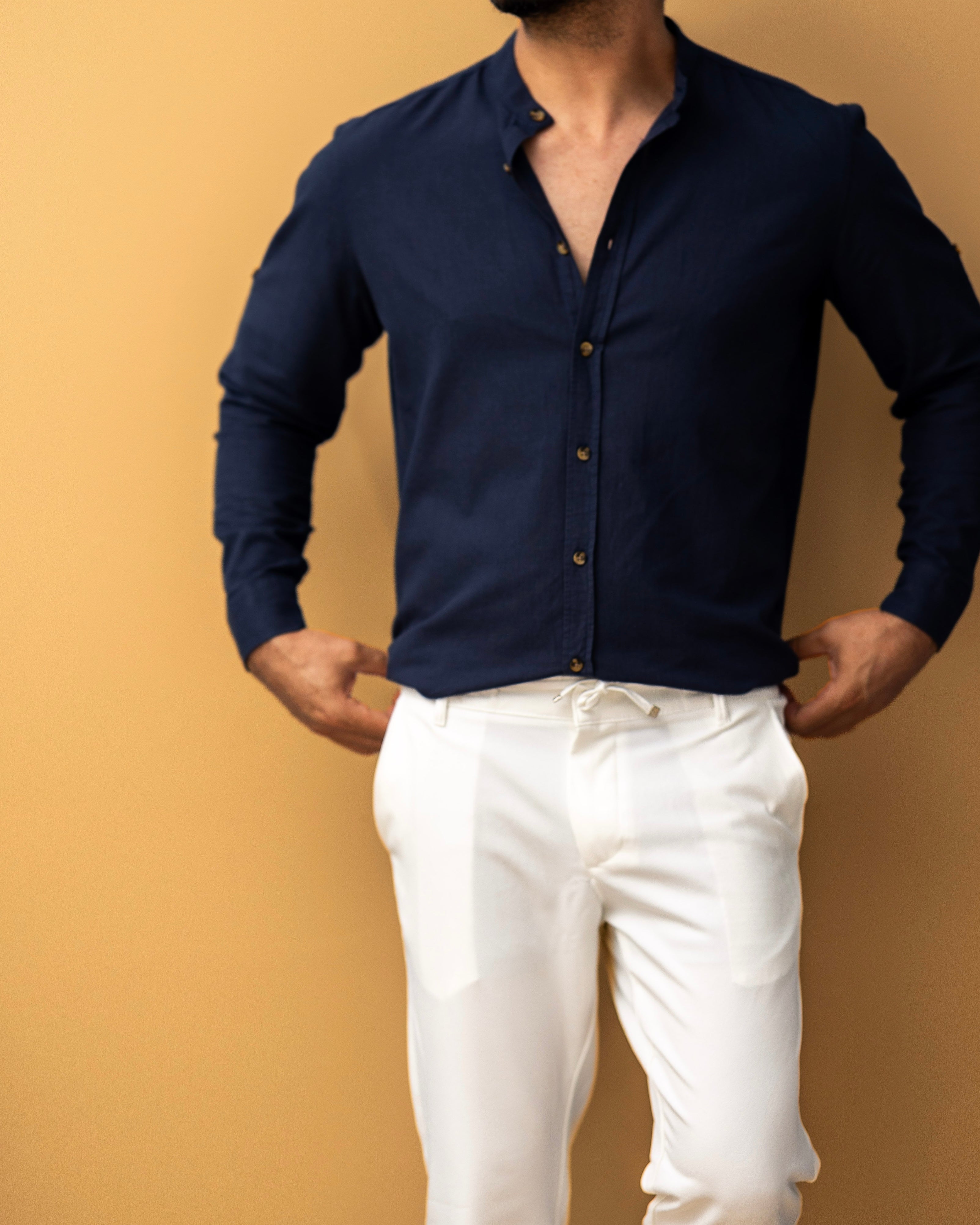 Męska koszula lniana granatowa Slim Fit – lekka, przewiewna, długi rękaw | M–2XL
