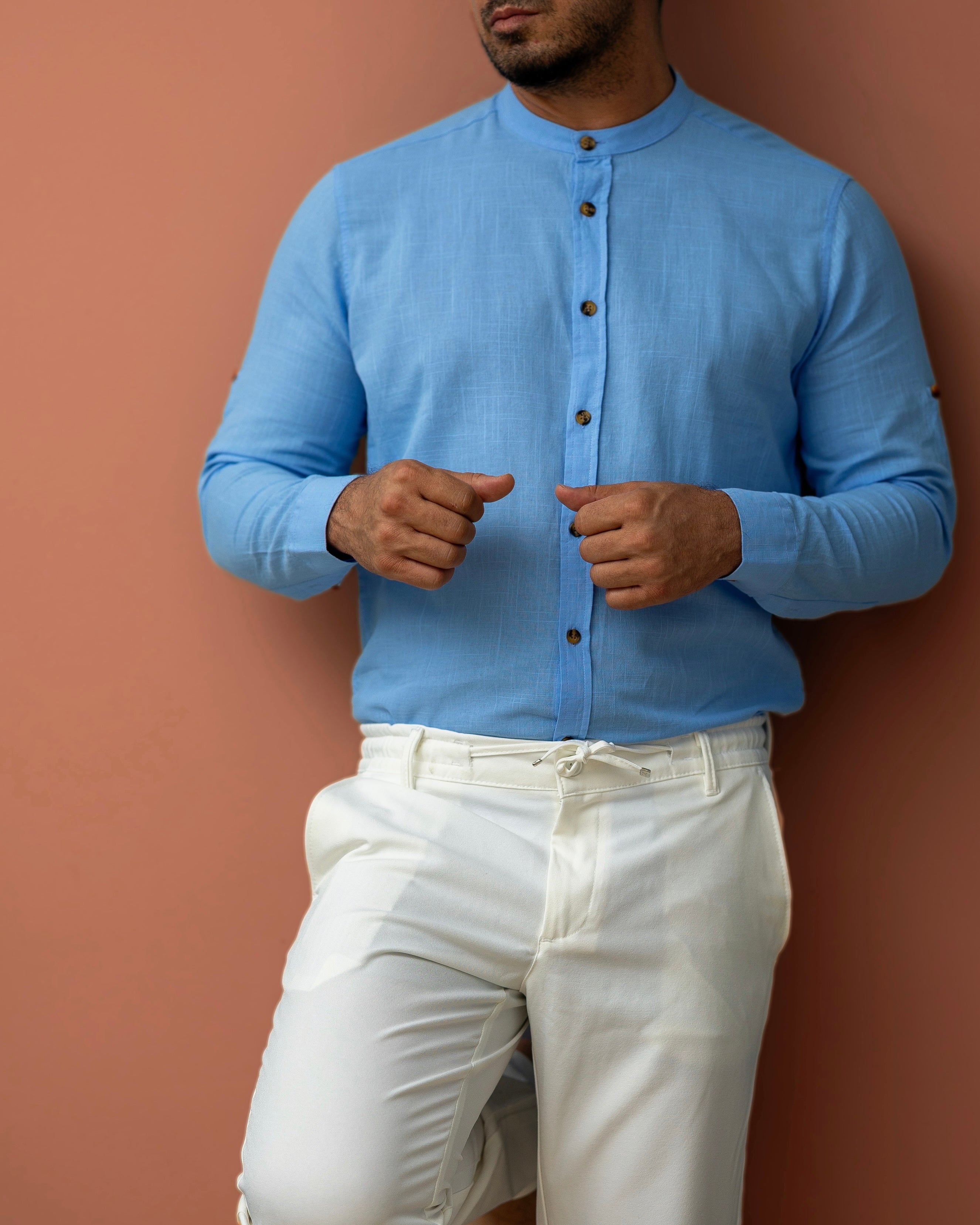 Męska koszula lniana błękitna Slim Fit – lekka, przewiewna, długi rękaw | M–2XL