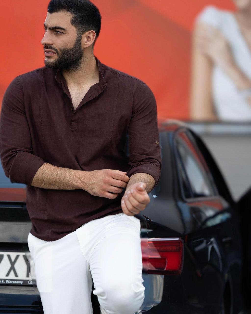 Koszula Męska Lniana Bordowa Slim Fit Ze Stójką – Letnia, Przewiewna M–2XL