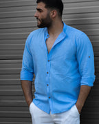 Koszula Męska Lniana Błękitna Slim Fit – Klasyczny Kołnierzyk, Letnia M–2XL