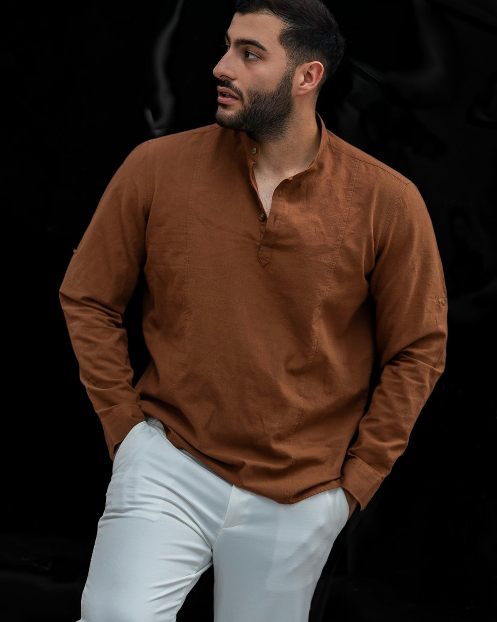Koszula Męska Lniana Brązowa Slim Fit Ze Stójką – Letnia, Przewiewna M–2XL