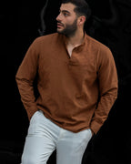 Koszula Męska Lniana Brązowa Slim Fit Ze Stójką – Letnia, Przewiewna M–2XL