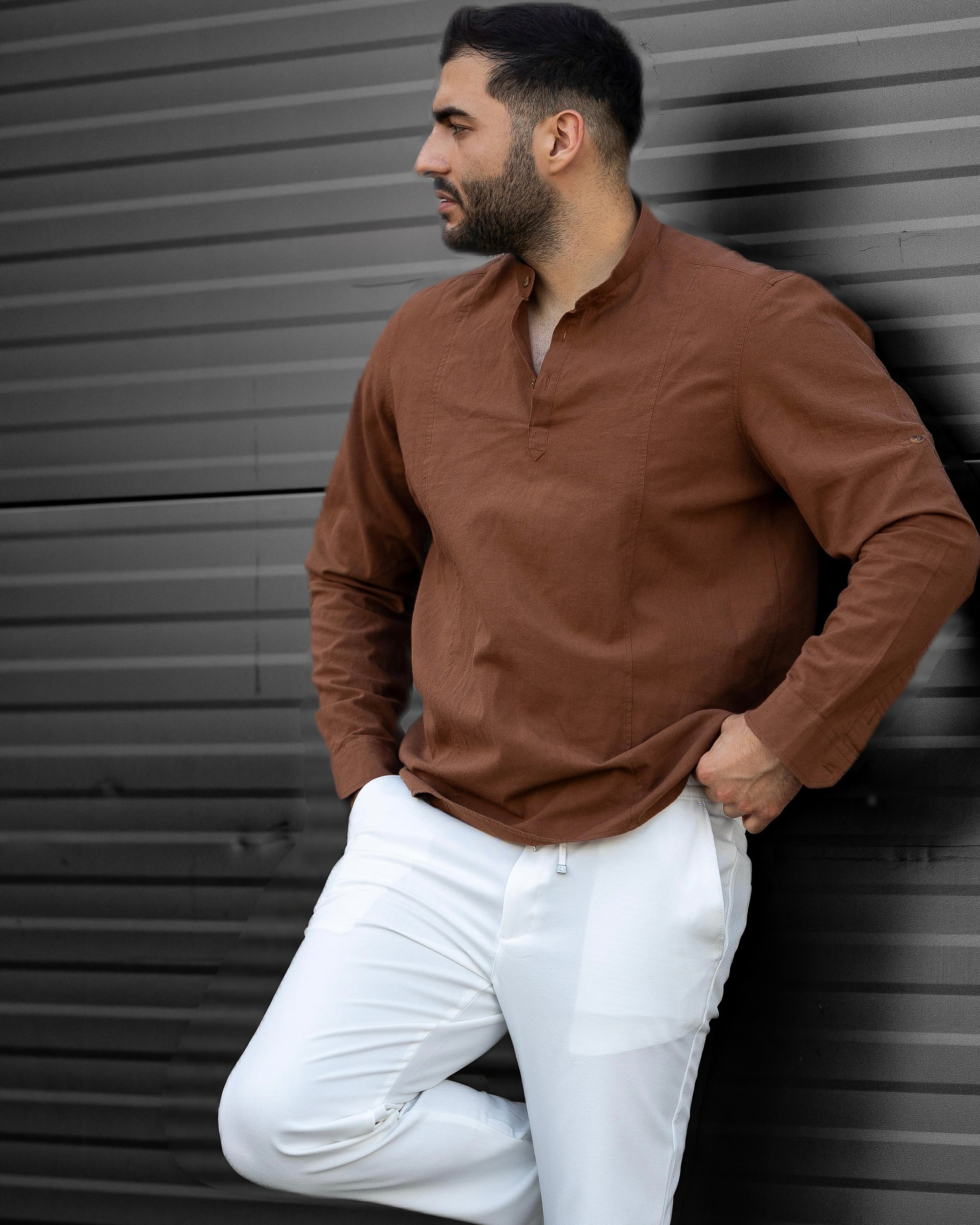 Koszula Męska Lniana Brązowa Slim Fit Ze Stójką – Letnia, Przewiewna M–2XL