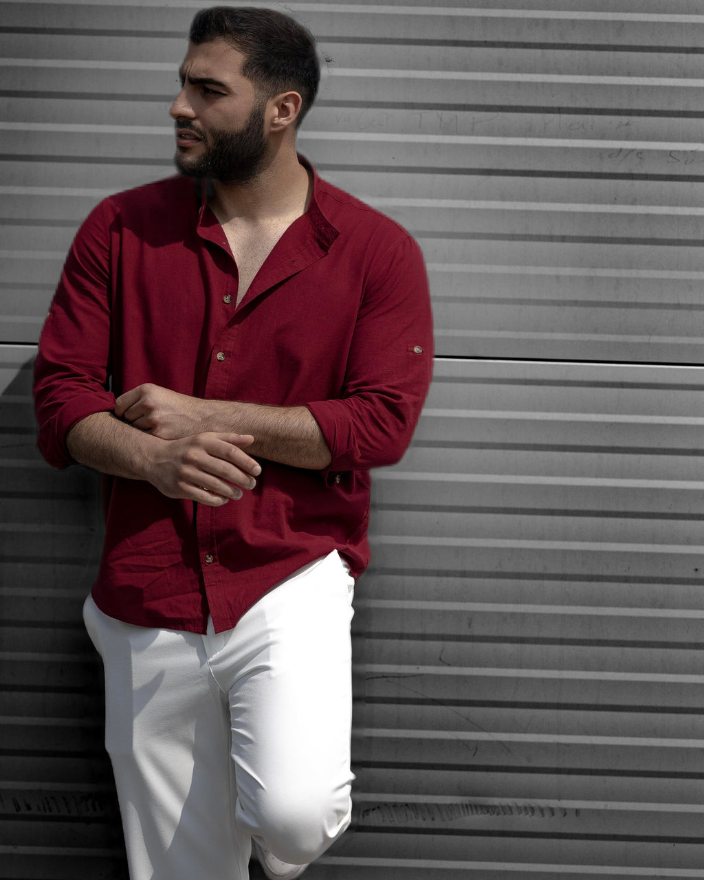Koszula Męska Lniana Bordowa Slim Fit Ze Stójką – Letnia, Przewiewna M–2XL