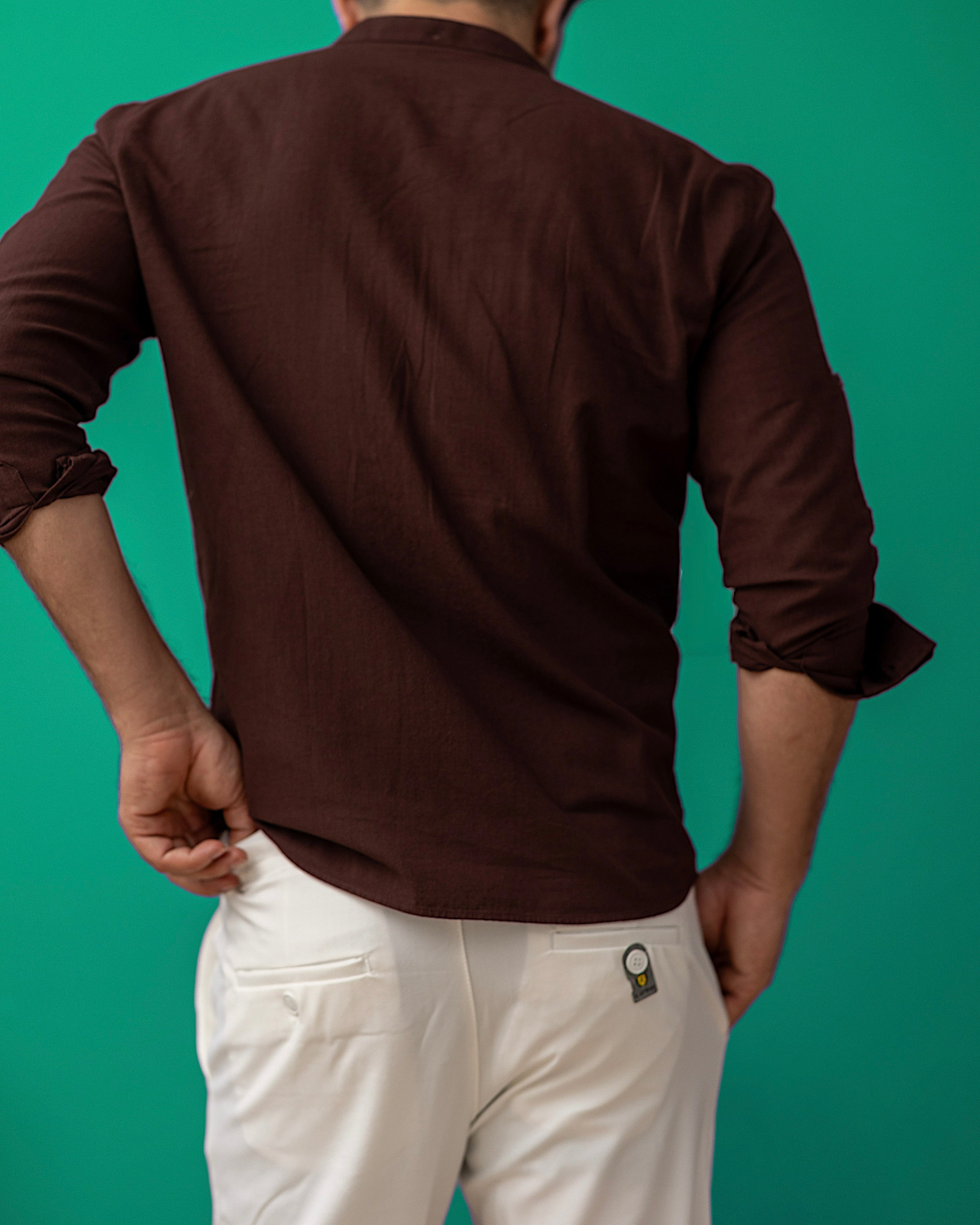 Brązowa męska koszula lniana ze stójką – M-2XL