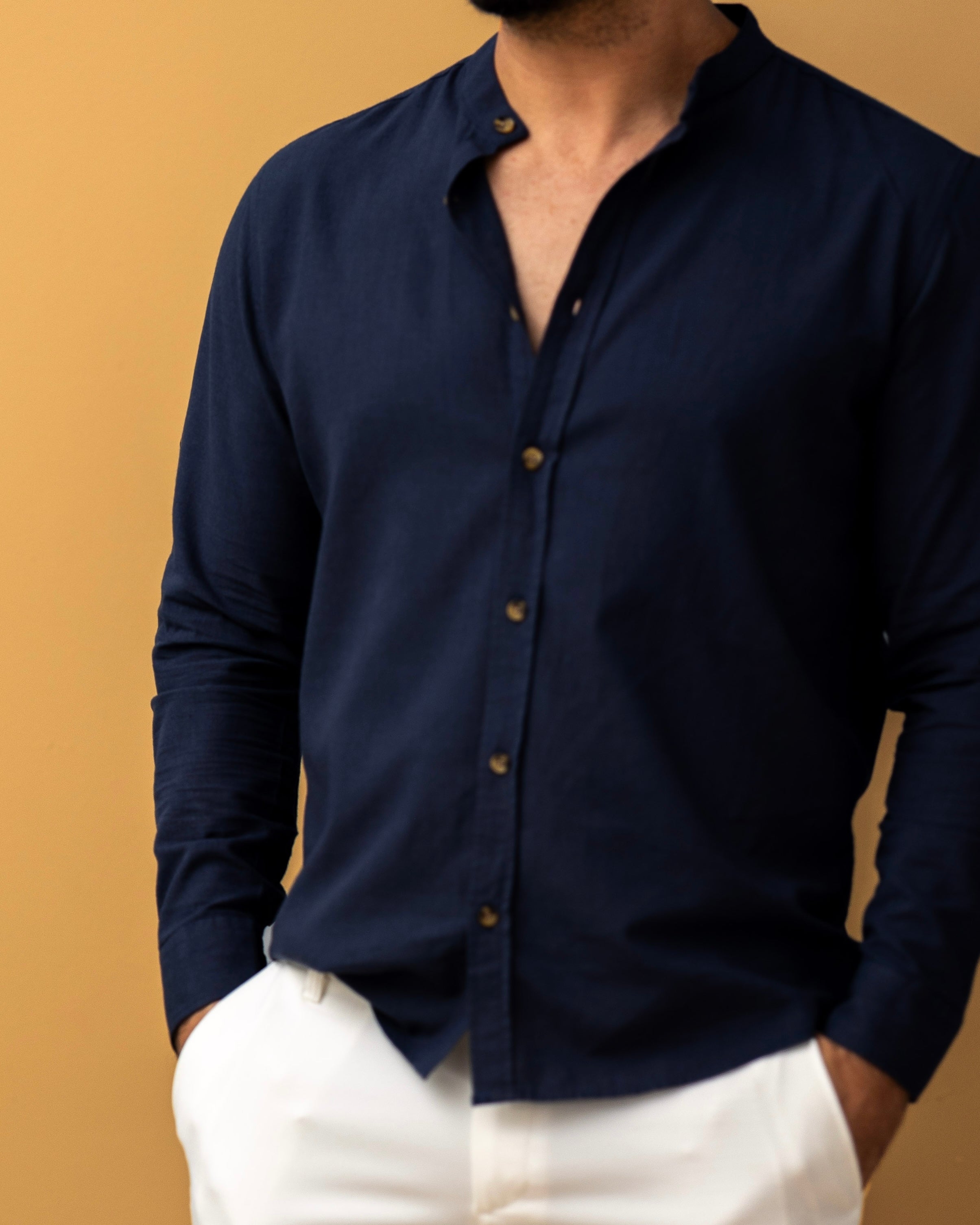 Męska koszula lniana granatowa Slim Fit – lekka, przewiewna, długi rękaw | M–2XL