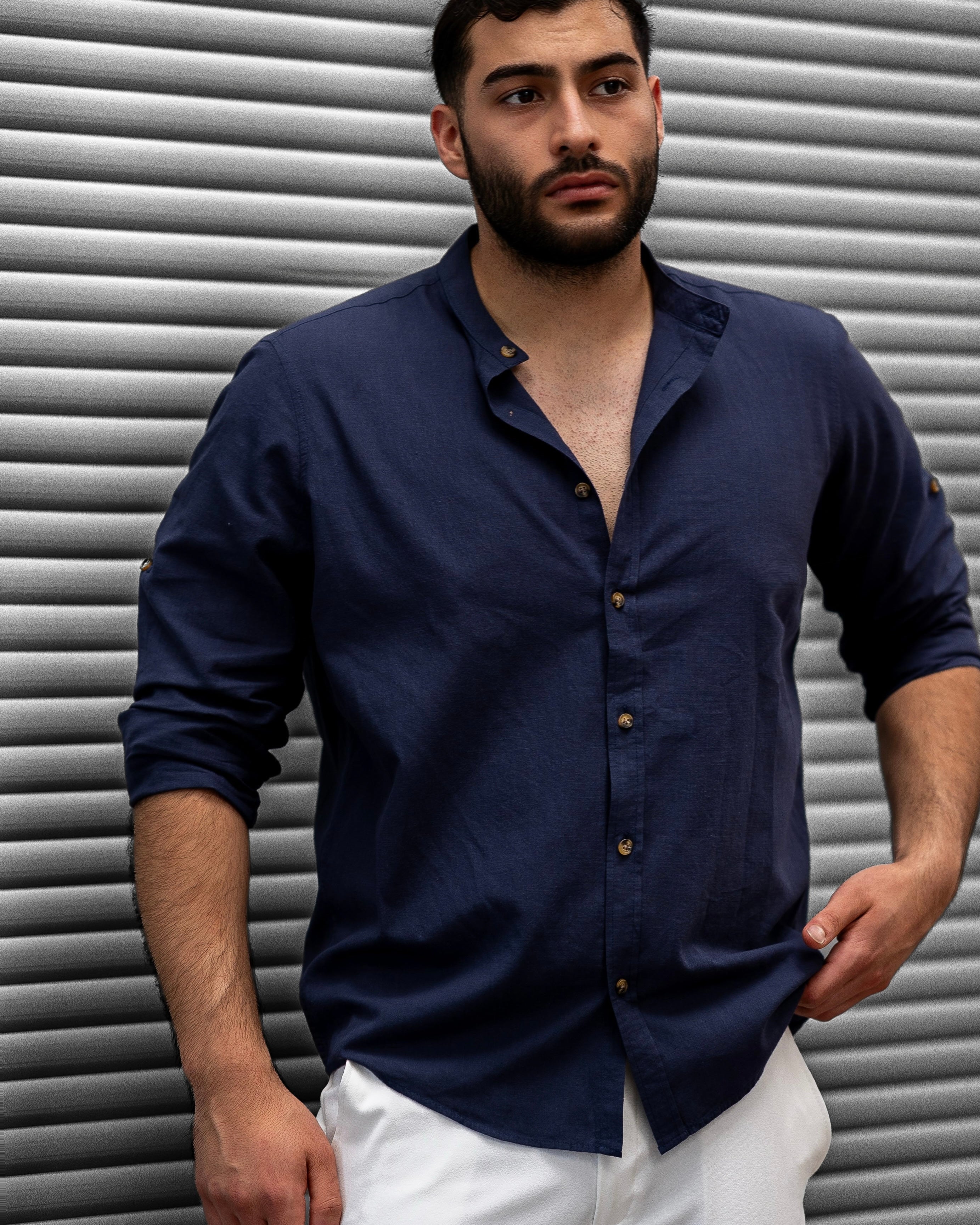 Koszula Męska Lniana Granatowa Slim Fit – Klasyczny Kołnierzyk, Letnia M–2XL