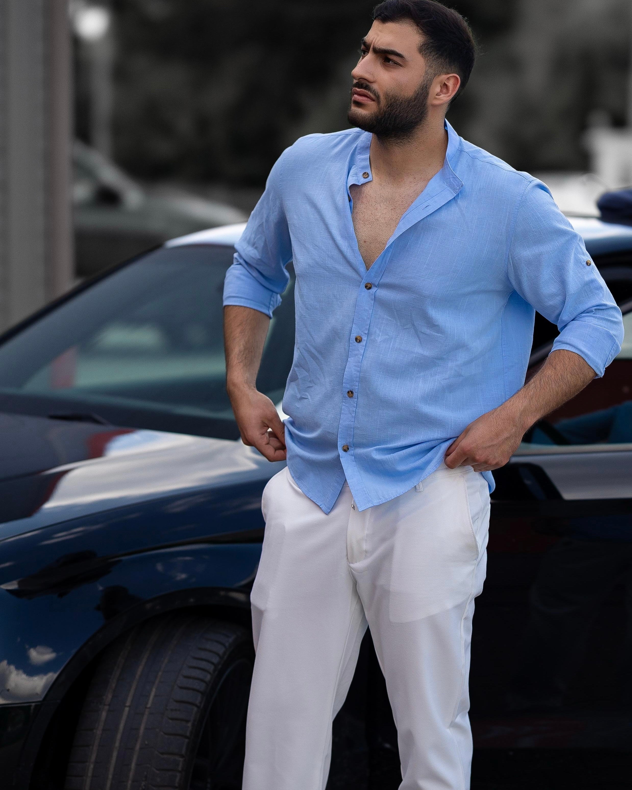 Koszula Męska Lniana Błękitna Slim Fit – Klasyczny Kołnierzyk, Letnia M–2XL
