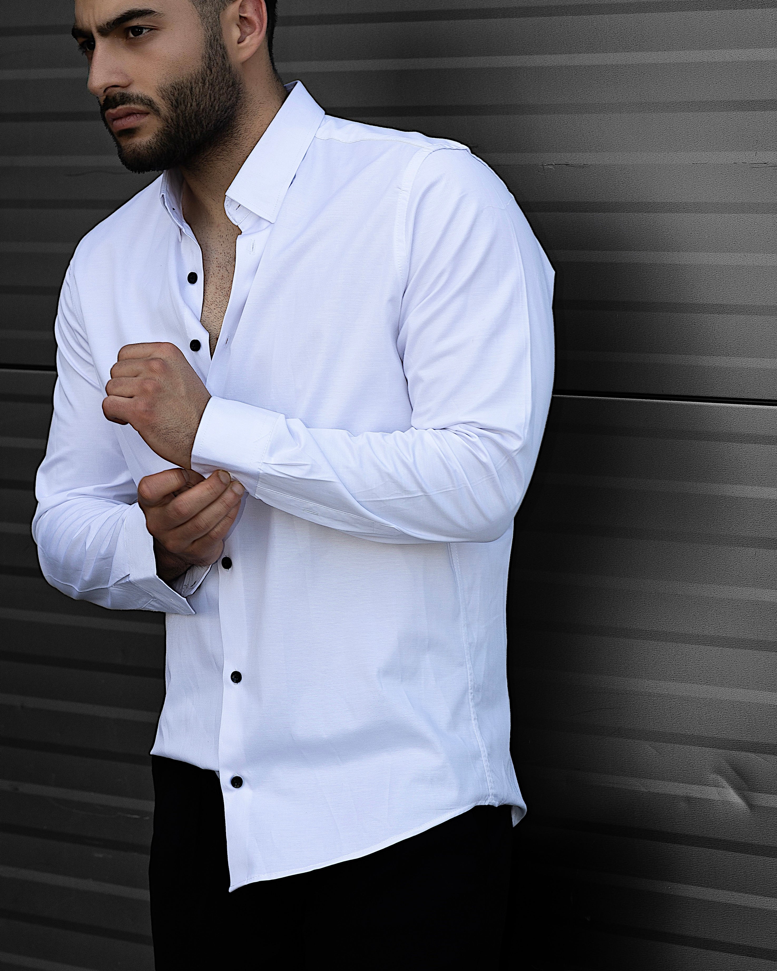 Koszula Męska Satynowa Slim Biała Optyczna Guziki 95% Bawełna 5% Elastan S–3XL