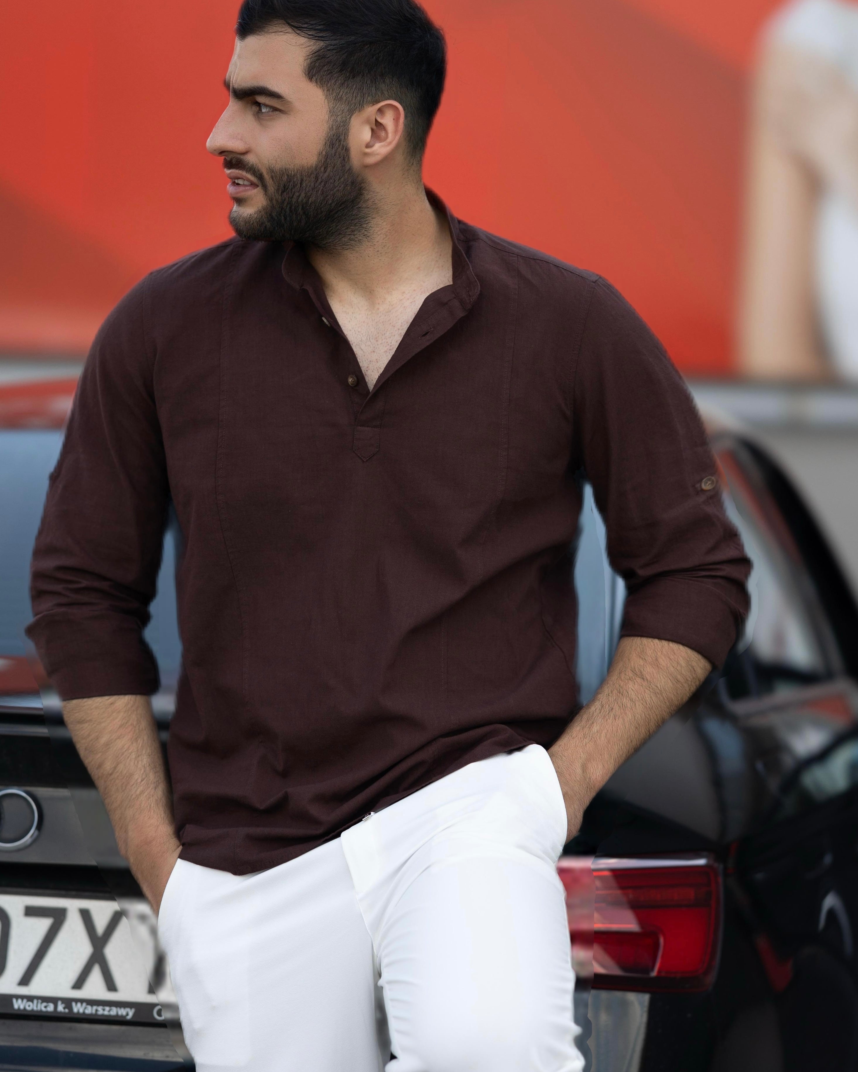 Koszula Męska Lniana Bordowa Slim Fit Ze Stójką – Letnia, Przewiewna M–2XL