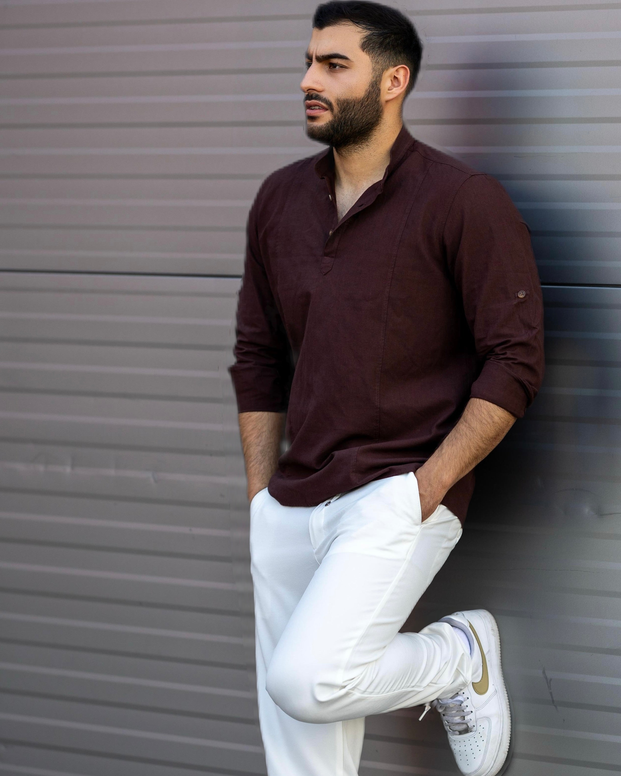 Koszula Męska Lniana Bordowa Slim Fit Ze Stójką – Letnia, Przewiewna M–2XL