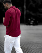 Koszula Męska Lniana Bordowa Slim Fit Ze Stójką – Letnia, Przewiewna M–2XL