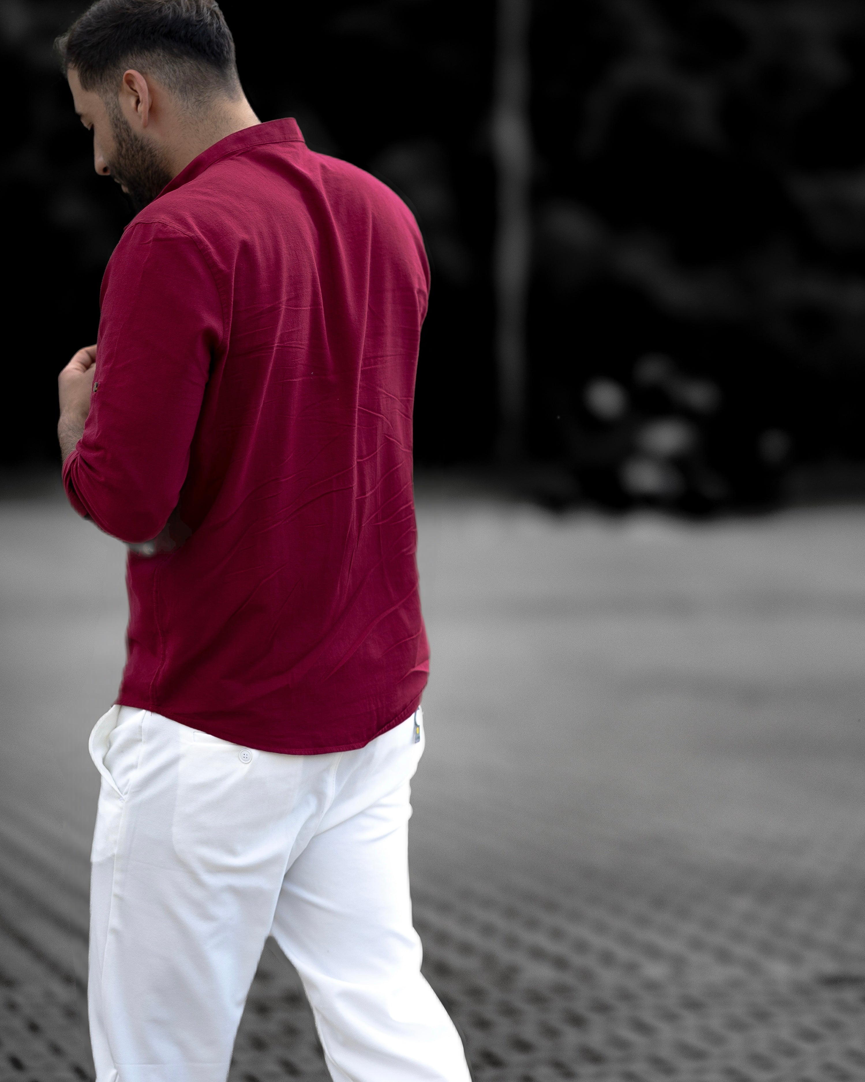 Koszula Męska Lniana Bordowa Slim Fit Ze Stójką – Letnia, Przewiewna M–2XL