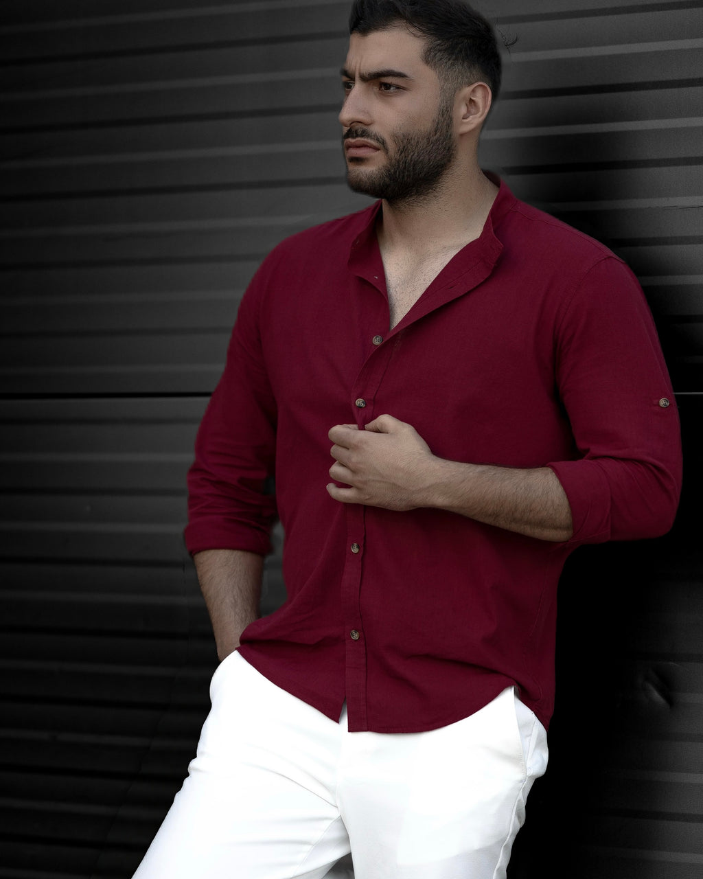 Koszula Męska Lniana Bordowa Slim Fit Ze Stójką – Letnia, Przewiewna M–2XL