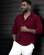 Koszula Męska Lniana Bordowa Slim Fit Ze Stójką – Letnia, Przewiewna M–2XL