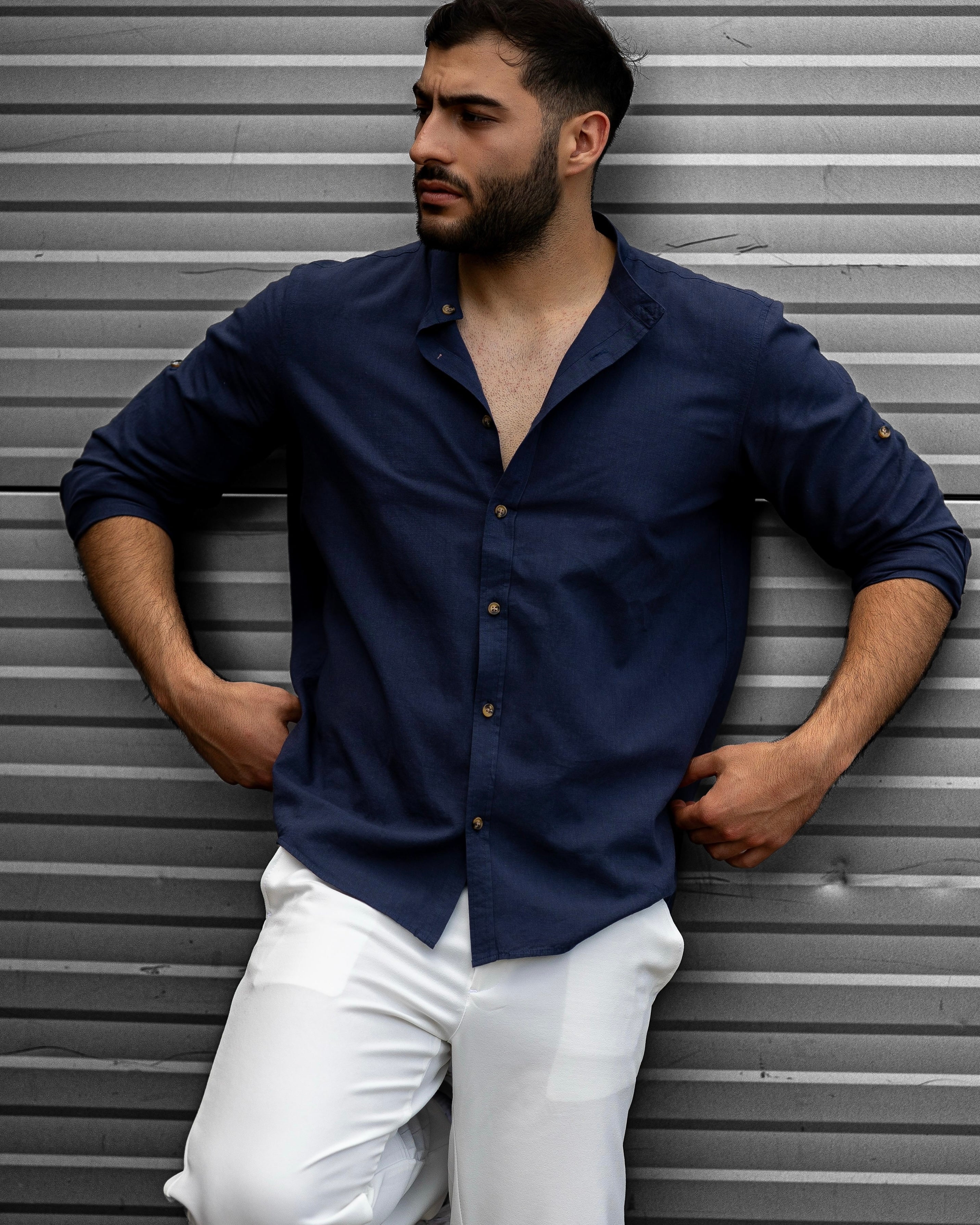 Koszula Męska Lniana Granatowa Slim Fit – Klasyczny Kołnierzyk, Letnia M–2XL