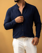 Męska koszula lniana granatowa Slim Fit – lekka, przewiewna, długi rękaw | M–2XL