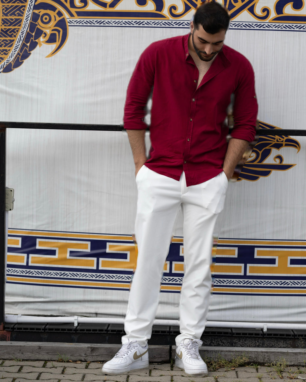 Koszula Męska Lniana Bordowa Slim Fit Ze Stójką – Letnia, Przewiewna M–2XL